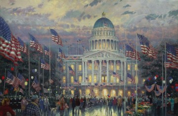 350 人の有名アーティストによるアート作品 Painting - 国会議事堂の上の旗 トーマス・キンケード